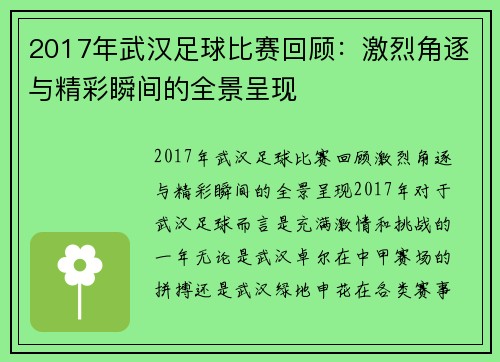 2017年武汉足球比赛回顾：激烈角逐与精彩瞬间的全景呈现