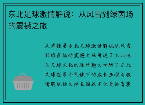 东北足球激情解说：从风雪到绿茵场的震撼之旅