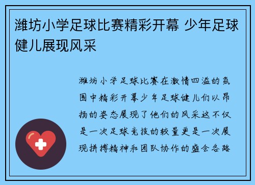 潍坊小学足球比赛精彩开幕 少年足球健儿展现风采