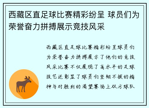 西藏区直足球比赛精彩纷呈 球员们为荣誉奋力拼搏展示竞技风采
