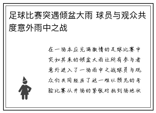 足球比赛突遇倾盆大雨 球员与观众共度意外雨中之战