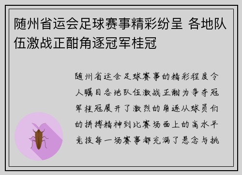 随州省运会足球赛事精彩纷呈 各地队伍激战正酣角逐冠军桂冠
