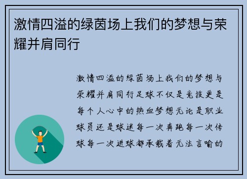 激情四溢的绿茵场上我们的梦想与荣耀并肩同行