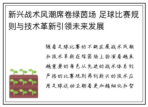 新兴战术风潮席卷绿茵场 足球比赛规则与技术革新引领未来发展