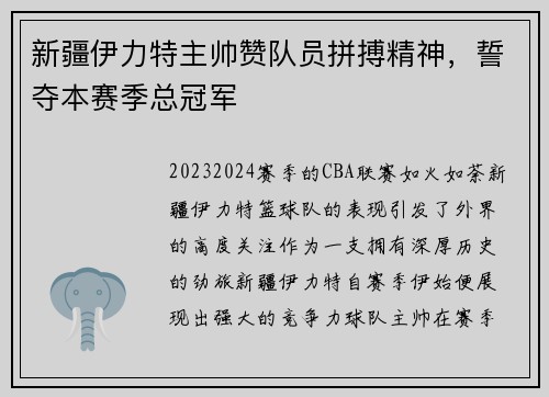 新疆伊力特主帅赞队员拼搏精神，誓夺本赛季总冠军