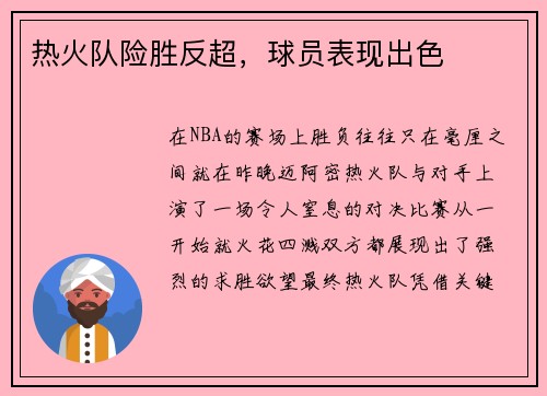 热火队险胜反超，球员表现出色
