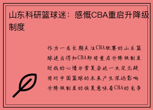 山东科研篮球迷：感慨CBA重启升降级制度