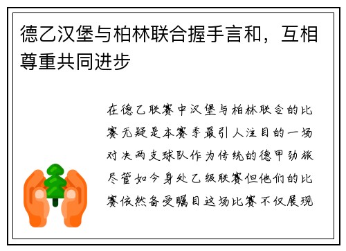 德乙汉堡与柏林联合握手言和，互相尊重共同进步