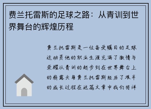 费兰托雷斯的足球之路：从青训到世界舞台的辉煌历程