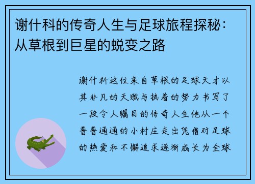 谢什科的传奇人生与足球旅程探秘：从草根到巨星的蜕变之路