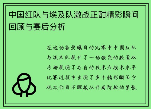 中国红队与埃及队激战正酣精彩瞬间回顾与赛后分析