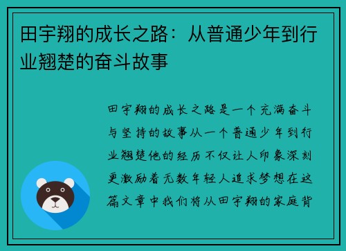 田宇翔的成长之路：从普通少年到行业翘楚的奋斗故事