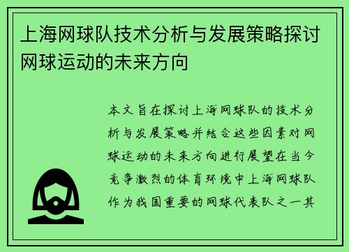 上海网球队技术分析与发展策略探讨网球运动的未来方向