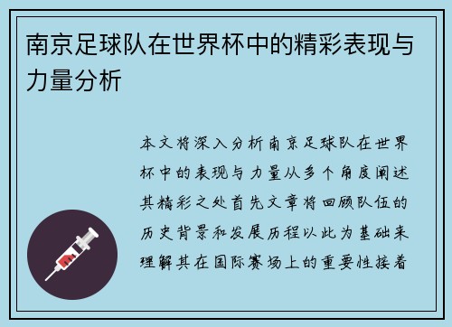 南京足球队在世界杯中的精彩表现与力量分析