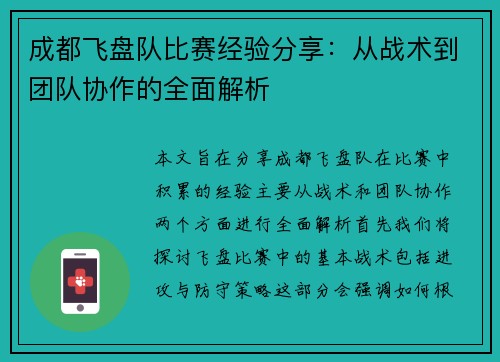 成都飞盘队比赛经验分享：从战术到团队协作的全面解析