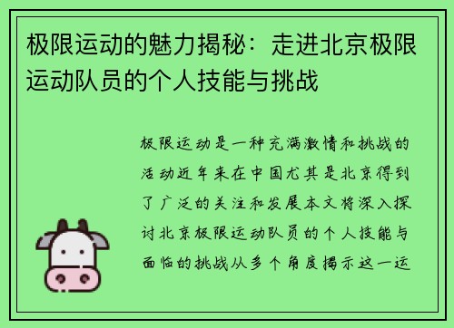 极限运动的魅力揭秘：走进北京极限运动队员的个人技能与挑战